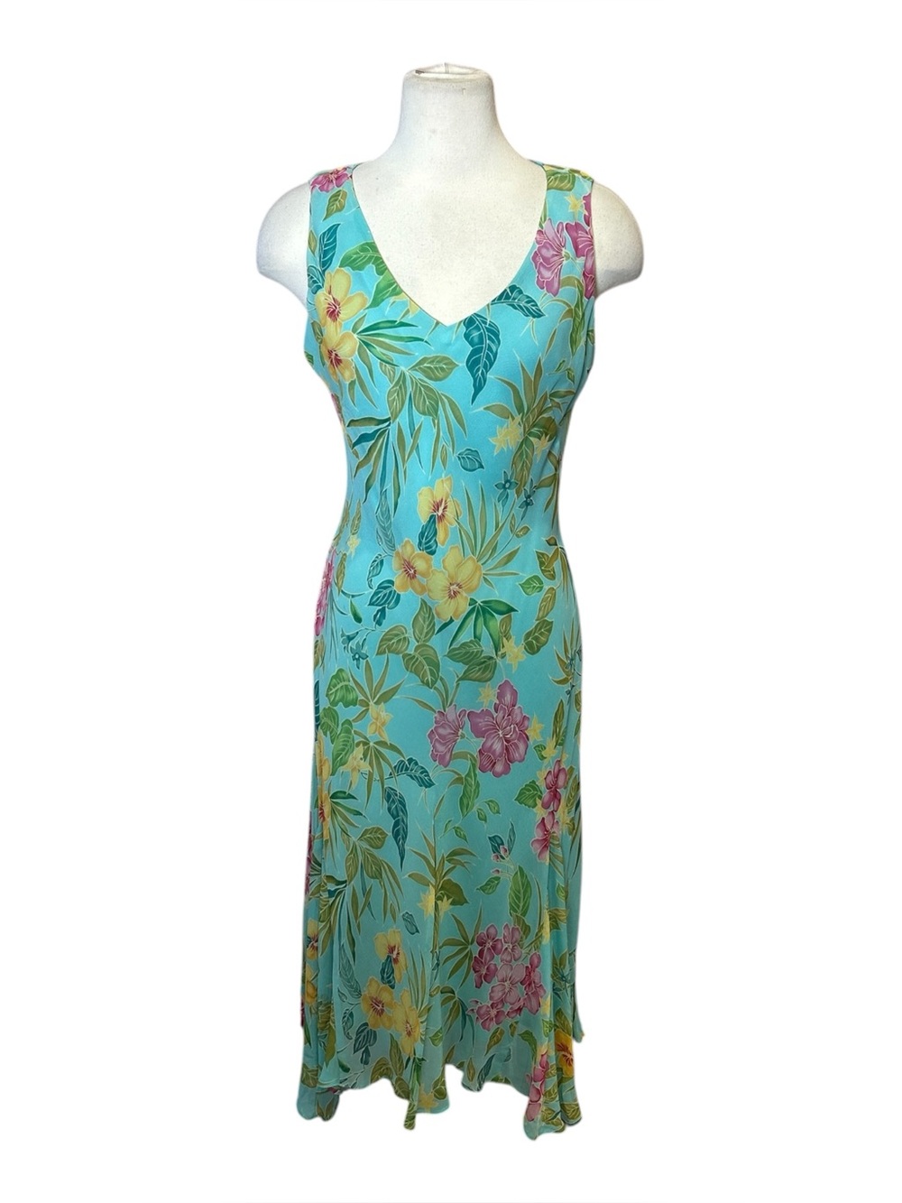 Blue Chadwick’s floral maxi dress with pink, yellow, and green flowers and leave